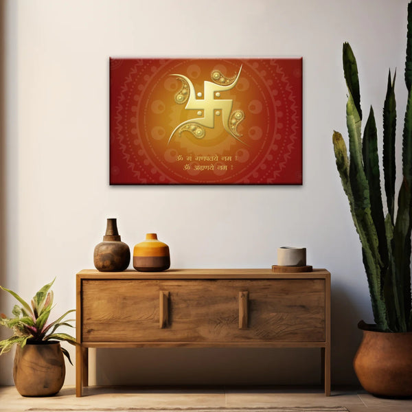 Décoration murale hindouiste avec symbole svastika sanskrit rouge et jaune