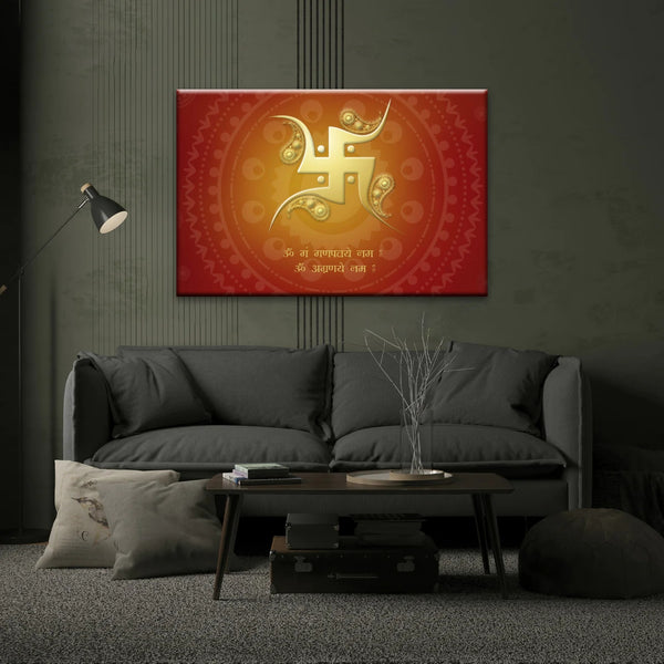 Décoration murale hindouiste avec symbole svastika sanskrit rouge et jaune