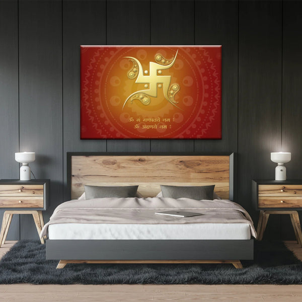 Décoration murale hindouiste avec symbole svastika sanskrit rouge et jaune