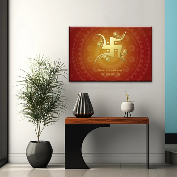 Hinduismus, rotes und gelbes Sanskrit-Swastika-Symbol, Hinduismus-Wandkunst-Dekor