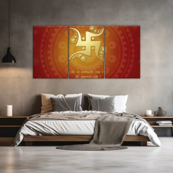 Hinduismus, rotes und gelbes Sanskrit-Swastika-Symbol, Hinduismus-Wandkunst-Dekor