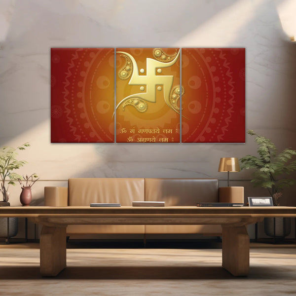 Décoration murale hindouiste avec symbole svastika sanskrit rouge et jaune