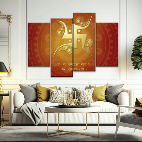 Décoration murale hindouiste avec symbole svastika sanskrit rouge et jaune