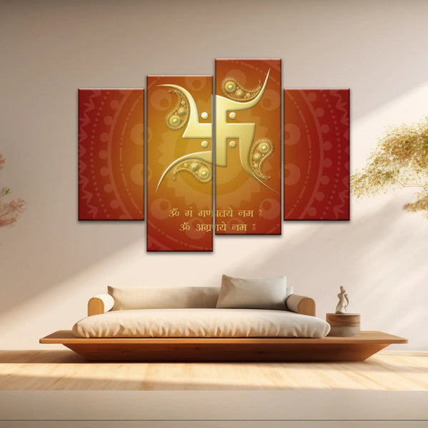 Décoration murale hindouiste avec symbole svastika sanskrit rouge et jaune