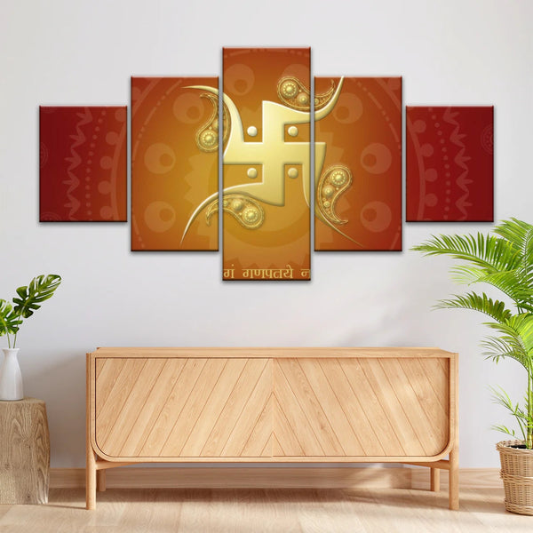 Hinduismus, rotes und gelbes Sanskrit-Swastika-Symbol, Hinduismus-Wandkunst-Dekor