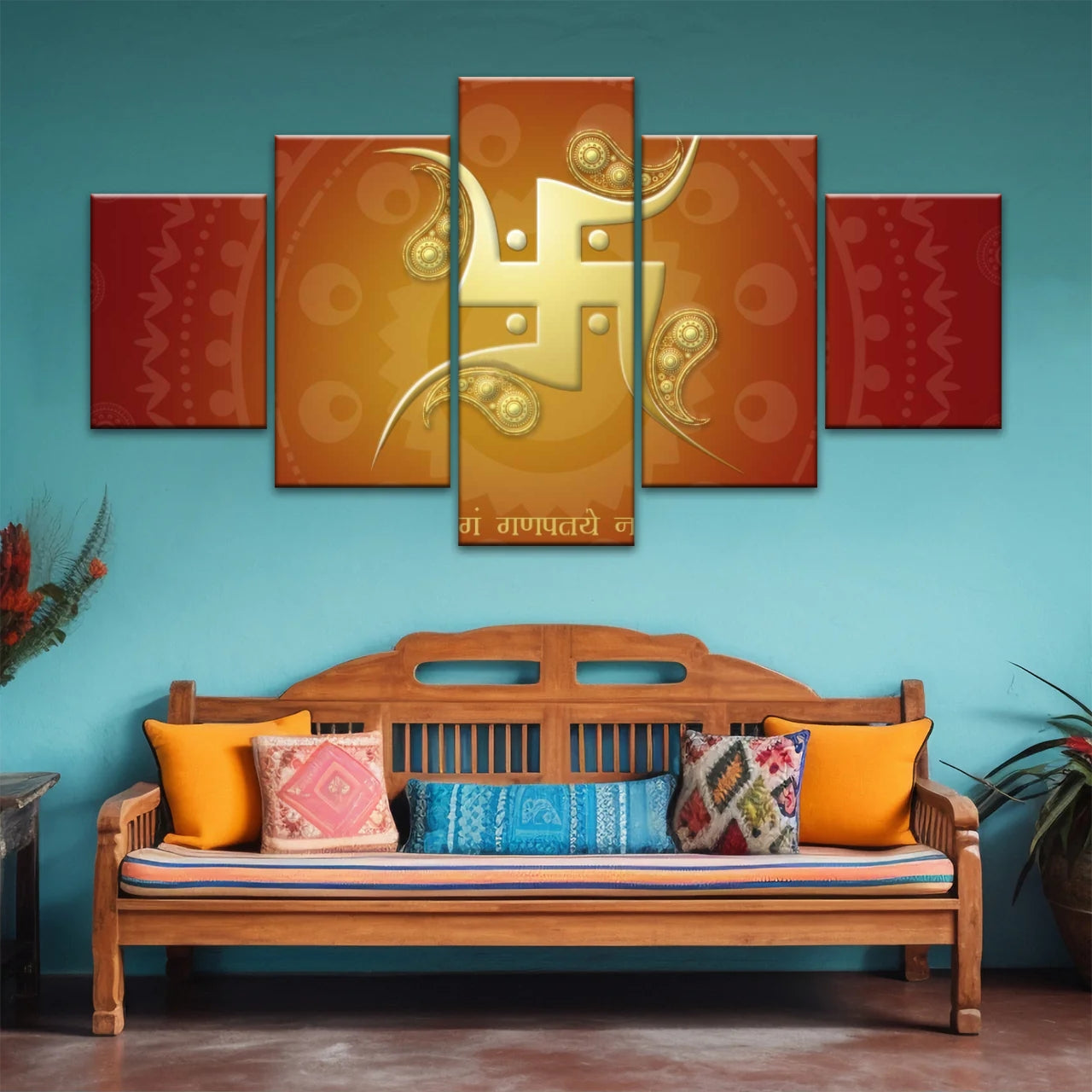 Hinduismus, rotes und gelbes Sanskrit-Swastika-Symbol, Hinduismus-Wandkunst-Dekor